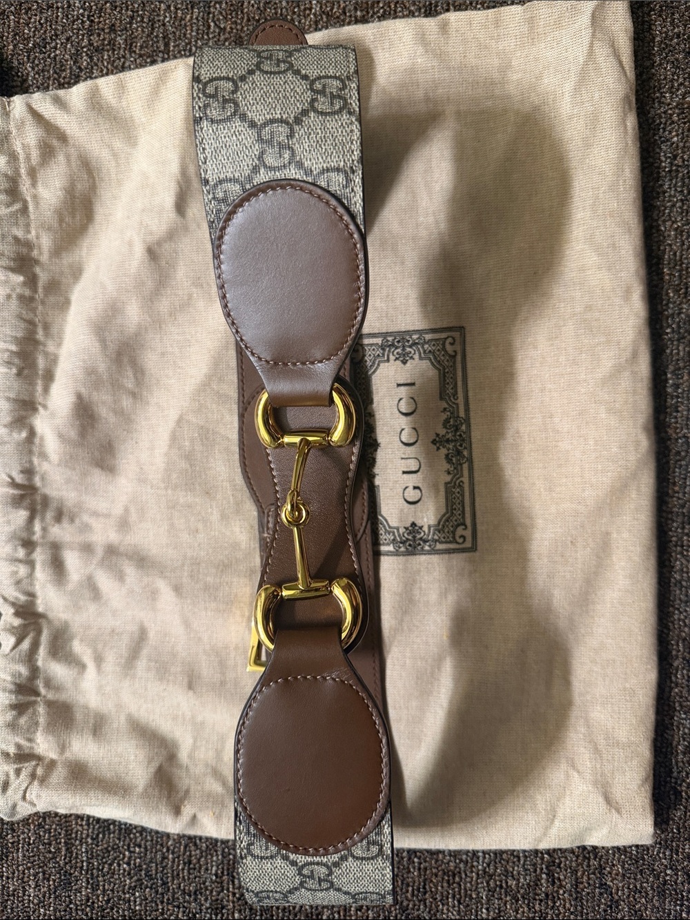 Designer-Inspired Brown Canvas Logo-Print Shoulder Strap with Gold Hardware